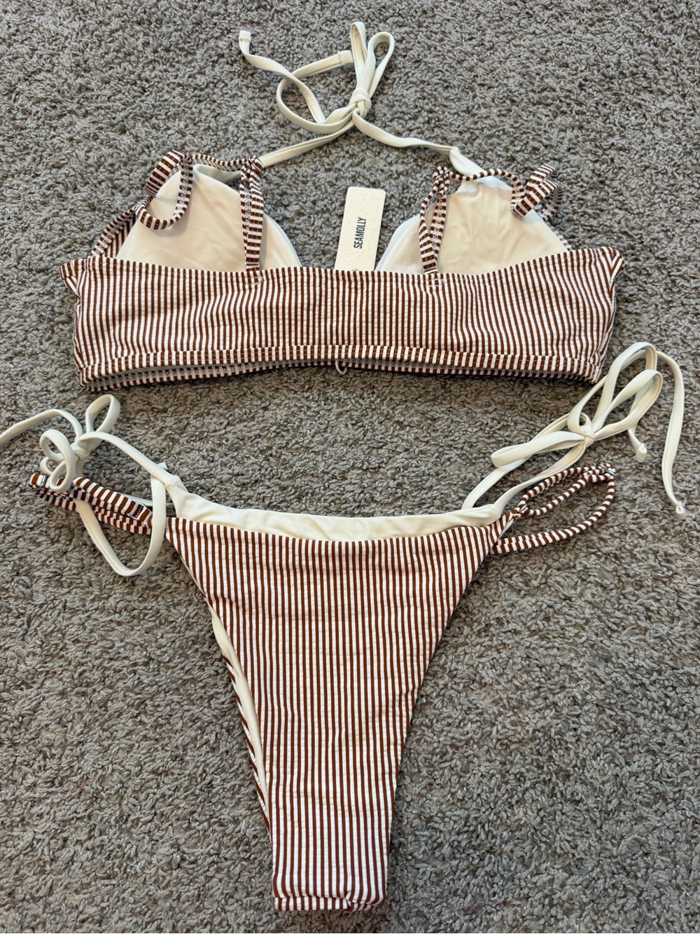 Striped Brown & White Tie-Side Bikini Set - Picture 3 of 4